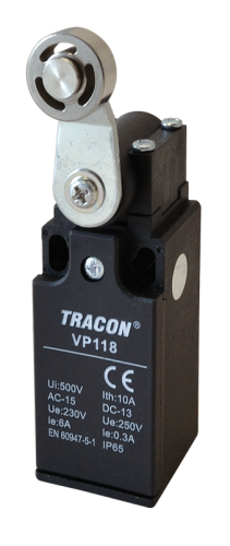 Wyłącznik krańcowy, z dźwignią regulowaną i rolką 1xNO+1xNC, 6A/230V AC-15, 0,3A/250V DC-13, 28mm, IP65 VP118 Tracon Electric