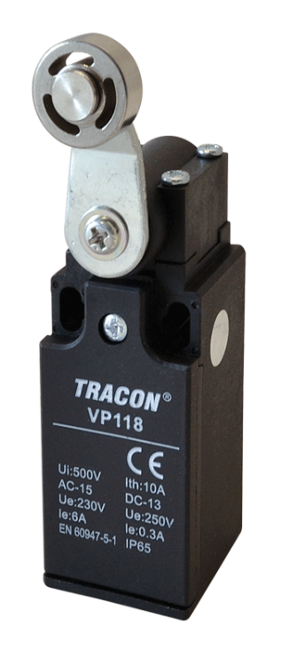 Wyłącznik krańcowy, z dźwignią regulowaną i rolką 1xNO+1xNC, 6A/230V AC-15, 0,3A/250V DC-13, 28mm, IP65 VP118 Tracon Electric