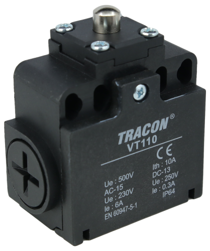 Wyłącznik krańcowy, z trzpieniem i zderzakiem 1xNO+1xNC, 6A/230V AC-15, 0,3A/250V DC-13, IP65 VT110 Tracon Electric