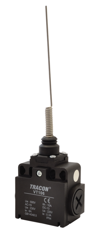 Wyłącznik krańcowy, z prętem sprężystym 1xNO+1xNC, 6A/230V AC-15, 0,3A/250V DC-13, IP65 VT106 Tracon Electric