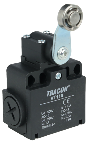 Wyłącznik krańcowy, z dźwignią regulowaną i rolką 1xNO+1xNC, 6A/230V AC-15, 0,3A/250V DC-13, 28mm, IP65 VT118 Tracon Electric