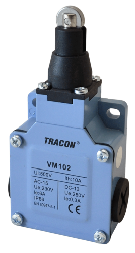 Wyłącznik krańcowy, z rolką metalowa obudowa 1xNO+1xNC, 6A/230V AC-15, 0,3A/250V DC-13, IP66 VM102 Tracon Electric