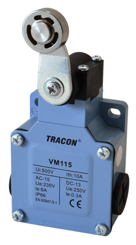 Wyłącznik krańcowy, z dźwignią regulowaną i rolką, metalowy 1xNO+1xNC, 6A/230V AC-15, 0,3A/250V DC-13, IP66 VM115 Tracon Electric