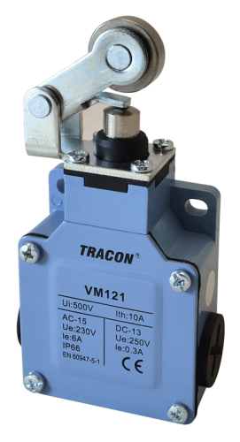 Wyłącznik krańcowy, z dźwignią i rolką metalowa obudowa 1xNO+1xNC, 6A/230V AC-15, 0,3A/250V DC-13, IP66 VM121 Tracon Electric
