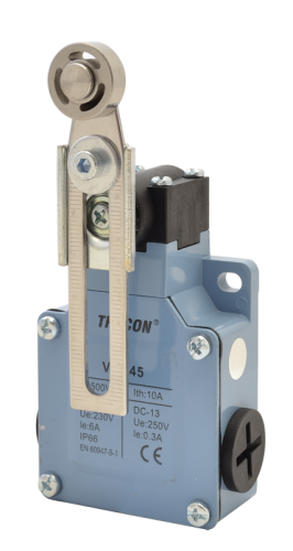 Wyłącznik krańcowy, z dźwignią regulowaną i rolką 1xNO+1xNC, 6A/230V AC-15, 0,3A/250V DC-13, IP66 VM145 Tracon Electric