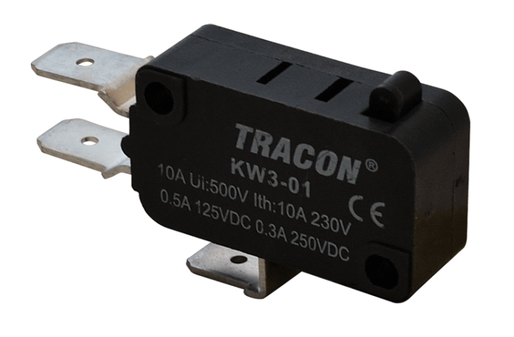 Wyłącznik krańcowy, mikro, ze zderzakiem 1×CO 10A/230VAC, 0,3A/250VDC, 6,3x0,8 mm, IP00 KW3-01 Tracon Electric