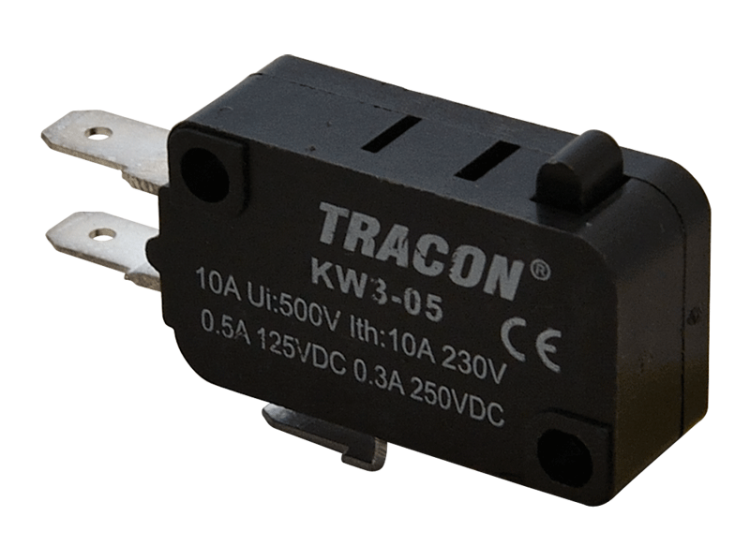 Wyłącznik krańcowy, mikro, ze zderzakiem 1×CO 10A/230VAC, 0,3A/250VDC, 4,8x0,5 mm, IP00 KW3-05 Tracon Electric
