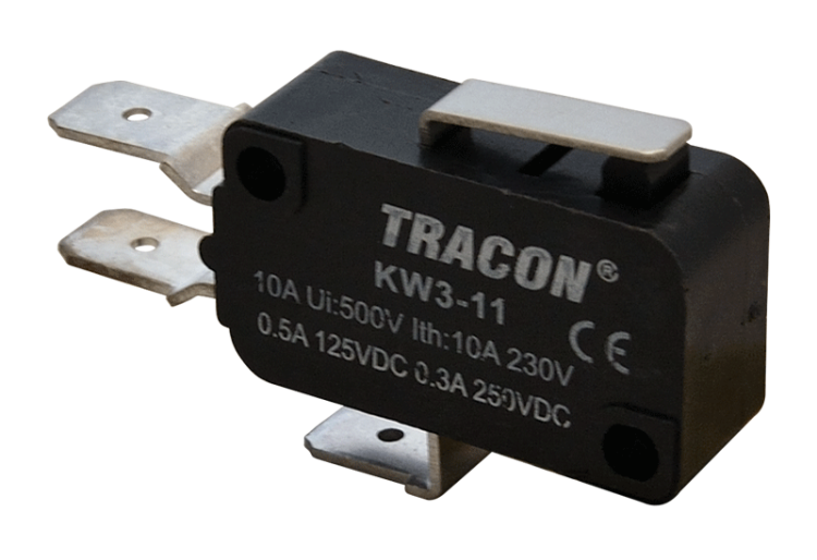 Wyłącznik krańcowy, mikro, z dźwignią sprężynową 1×CO 10A/230VAC, 0,3A/250VDC, 15mm, 6,3x0,8 mm, IP00 KW3-11 Tracon Electric