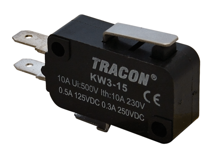 Wyłącznik krańcowy, mikro, z dźwignią sprężynową 1×CO 10A/230VAC, 0,3A/250VDC, 15mm, 4,8x0,5 mm, IP00 KW3-15 Tracon Electric