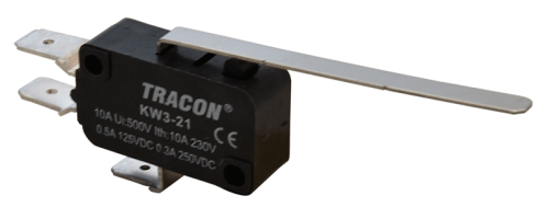 Wyłącznik krańcowy, mikro, z dźwignią sprężynową 1×CO 10A/230VAC, 0,3A/250VDC, 52mm, 6,3x0,8 mm, IP00 KW3-21 Tracon Electric