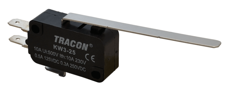 Wyłącznik krańcowy, mikro, z dźwignią sprężynową 1×CO 10A/230VAC, 0,3A/250VDC, 52mm, 4,8x0,5 mm, IP00 KW3-25 Tracon Electric