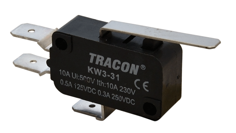Wyłącznik krańcowy, mikro, z dźwignią sprężynową 1×CO 10A/230VAC, 0,3A/250VDC, 28mm, 6,3x0,8 mm, IP00 KW3-31 Tracon Electric