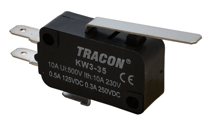 Wyłącznik krańcowy, mikro, z dźwignią sprężynową 1×CO 10A/230VAC, 0,3A/250VDC, 28mm, 4,8x0,5 mm, IP00 KW3-35 Tracon Electric