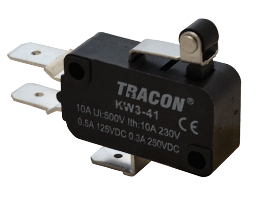 Wyłącznik krańcowy, mikro, z dźwignią i rolką 1×CO 10A/230VAC, 0,3A/250VDC, 15mm, 6,3x0,8 mm, IP00 KW3-41 Tracon Electric