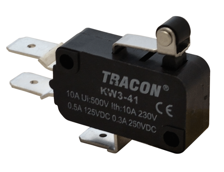 Wyłącznik krańcowy, mikro, z dźwignią i rolką 1×CO 10A/230VAC, 0,3A/250VDC, 15mm, 6,3x0,8 mm, IP00 KW3-41 Tracon Electric