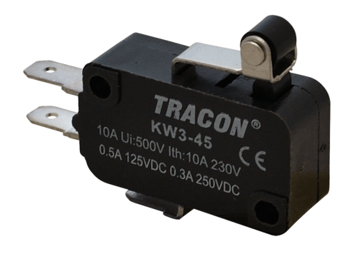 Wyłącznik krańcowy, mikro, z dźwignią i rolką 1×CO 10A/230VAC, 0,3A/250VDC, 15mm, 4,8x0,5 mm, IP00 KW3-45 Tracon Electric