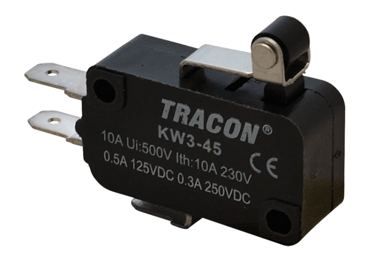 Wyłącznik krańcowy, mikro, z dźwignią i rolką 1×CO 10A/230VAC, 0,3A/250VDC, 15mm, 4,8x0,5 mm, IP00 KW3-45 Tracon Electric