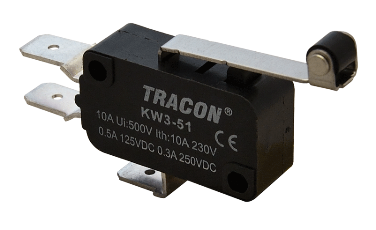 Wyłącznik krańcowy, mikro, z dźwignią i rolką 1×CO 10A/230VAC, 0,3A/250VDC, 28mm, 6,3x0,8 mm, IP00 KW3-51 Tracon Electric