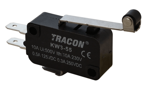 Wyłącznik krańcowy, mikro, z dźwignią i rolką 1×CO 10A/230VAC, 0,3A/250VDC, 28mm, 4,8x0,5 mm, IP00 KW3-55 Tracon Electric