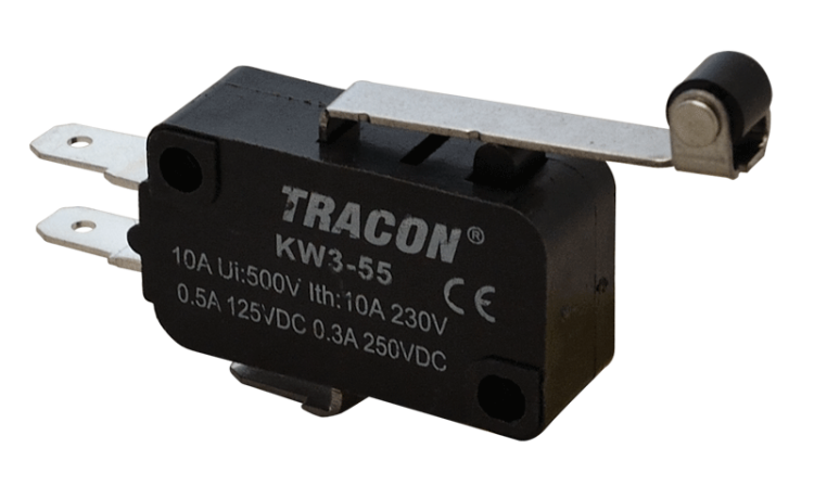 Wyłącznik krańcowy, mikro, z dźwignią i rolką 1×CO 10A/230VAC, 0,3A/250VDC, 28mm, 4,8x0,5 mm, IP00 KW3-55 Tracon Electric