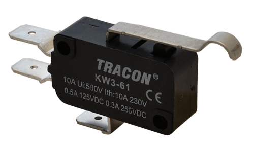 Wyłącznik krańcowy, mikro, z zakrzywioną dźwignią 1×CO 10A/230VAC, 0,3A/250VDC, 28mm, 6,3x0,8 mm, IP00 KW3-61 Tracon Electric