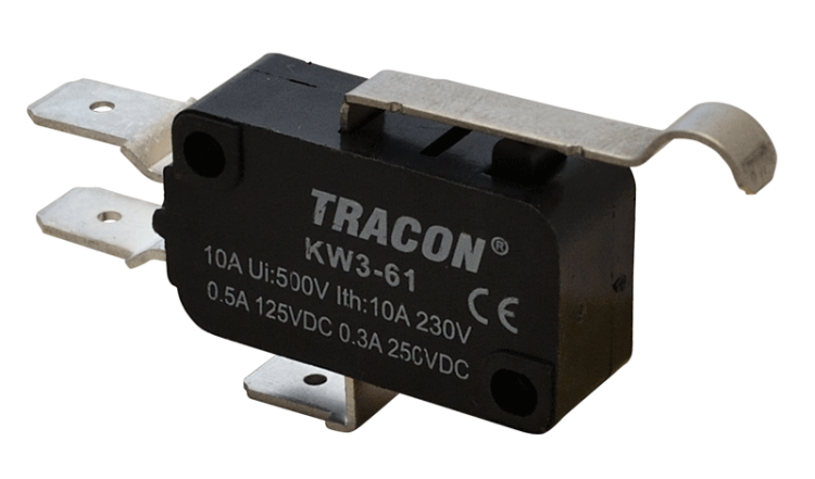Wyłącznik krańcowy, mikro, z zakrzywioną dźwignią 1×CO 10A/230VAC, 0,3A/250VDC, 28mm, 6,3x0,8 mm, IP00 KW3-61 Tracon Electric