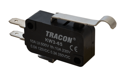 Wyłącznik krańcowy, mikro, z zakrzywioną dźwignią 1×CO 10A/230VAC, 0,3A/250VDC, 28mm, 4,8x0,5 mm, IP00 KW3-65 Tracon Electric