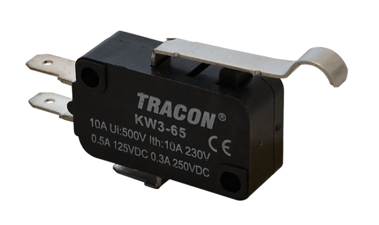 Wyłącznik krańcowy, mikro, z zakrzywioną dźwignią 1×CO 10A/230VAC, 0,3A/250VDC, 28mm, 4,8x0,5 mm, IP00 KW3-65 Tracon Electric