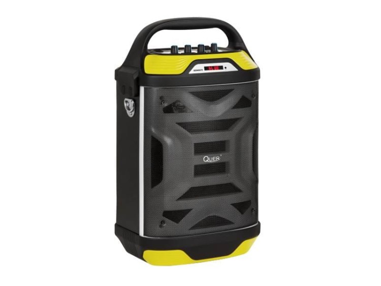Głośnik Bluetooth USB AUX FM microSD KOM0875 Quer Przenośny bezprzewodowy MP3 Radio Karaoke Mikrofon czarno-żółty czarny